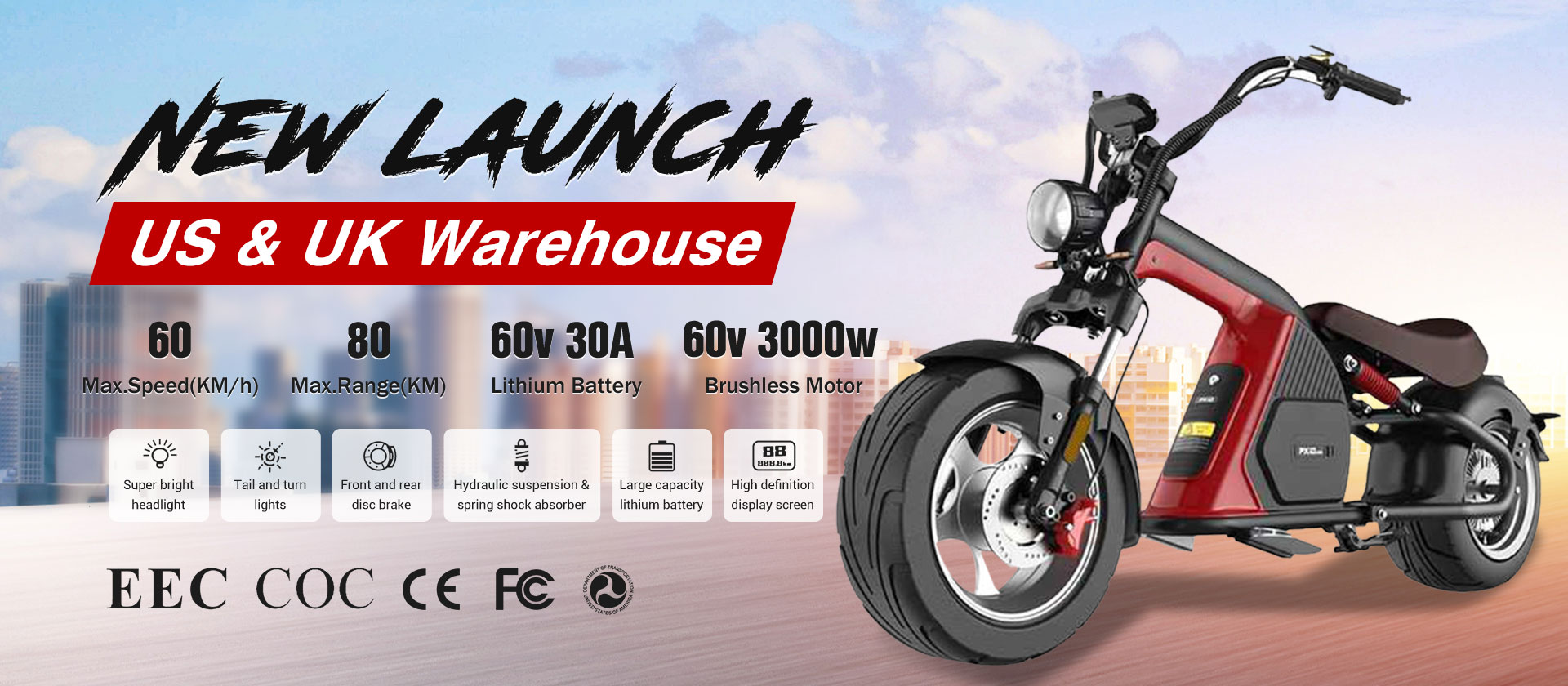 SoverSky 3000w electric chopper motorcycle scooter Citycoco Wholesale